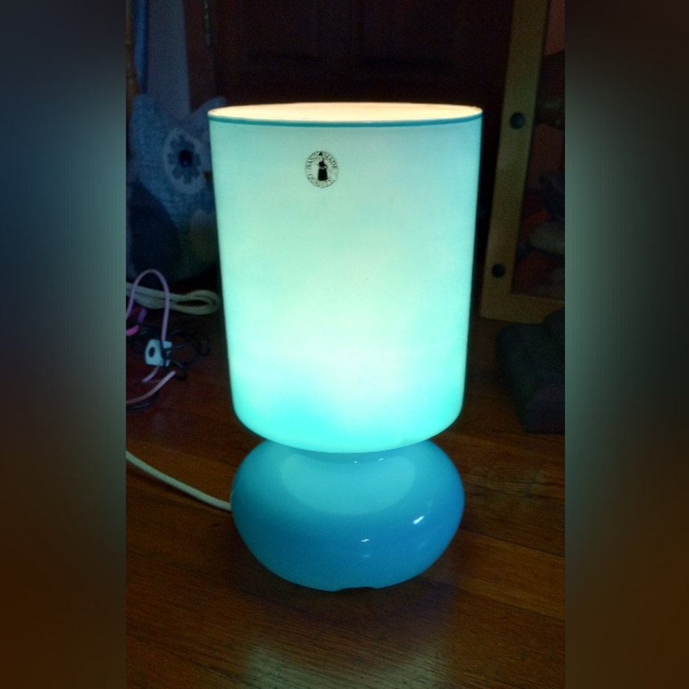 Blue IKEA Lykta Lamp - Blown Glass - Mod Maximalist Style Table Light side
